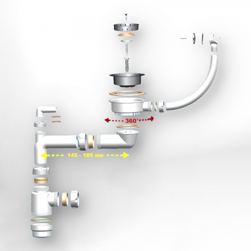 Сифон Granula GRAND + 3 1/2 телеc. трубный с поворотной чашей, круг переливом и отводом (СН 351-11) фото 2
