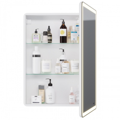Зеркальный шкаф Dreja POINT, 60 см, 1 дв., 2 стекл. полки, инфр. выключатель, LED, розетка, белый фото 8