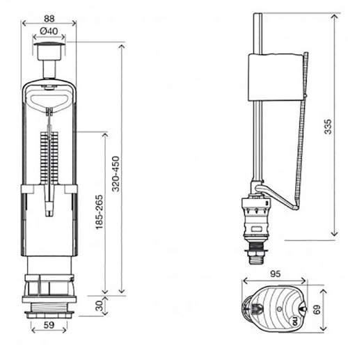 Комплект клапанов OLI: спуск URAL I + наливной Uni Bottom, нижняя подводка, пластик 1/2" фото 2